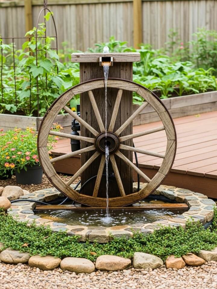rustic farmhouse wagon wheel fountain