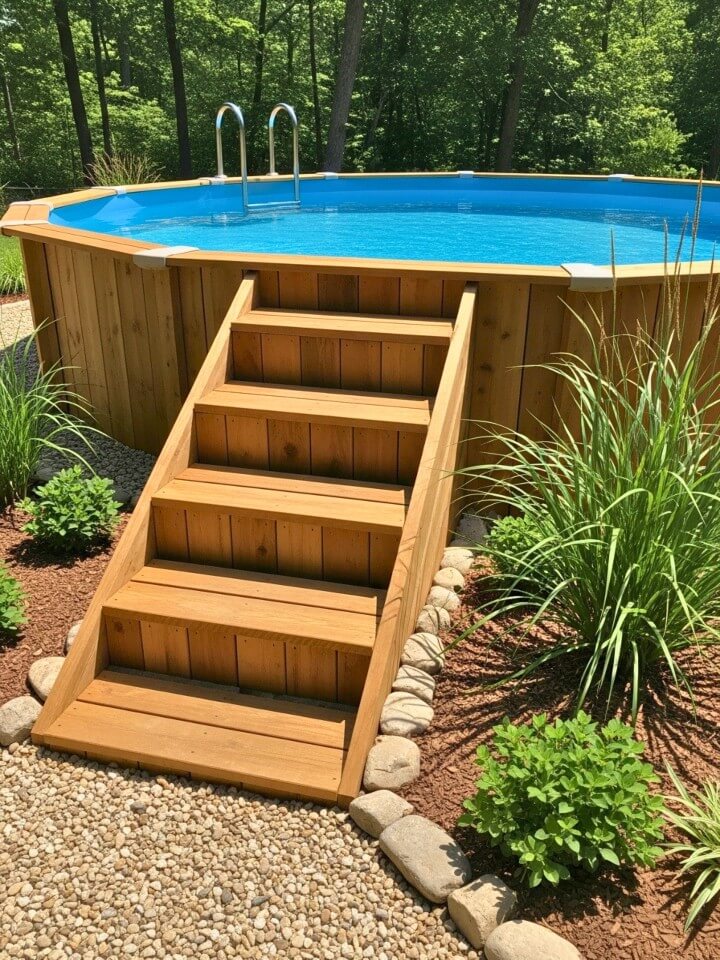 rustic log steps for above ground pool