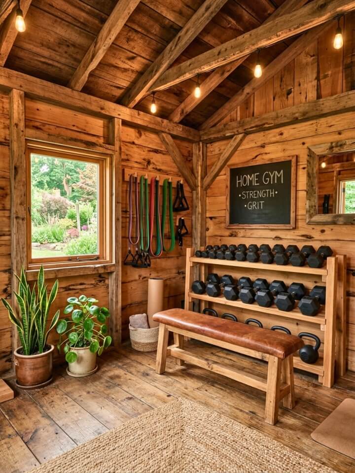 rustic shed gym with wooden cabin style