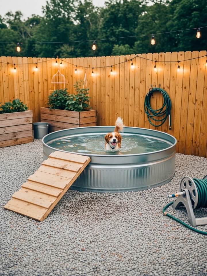 rustic stock tank pool for outdoor pets