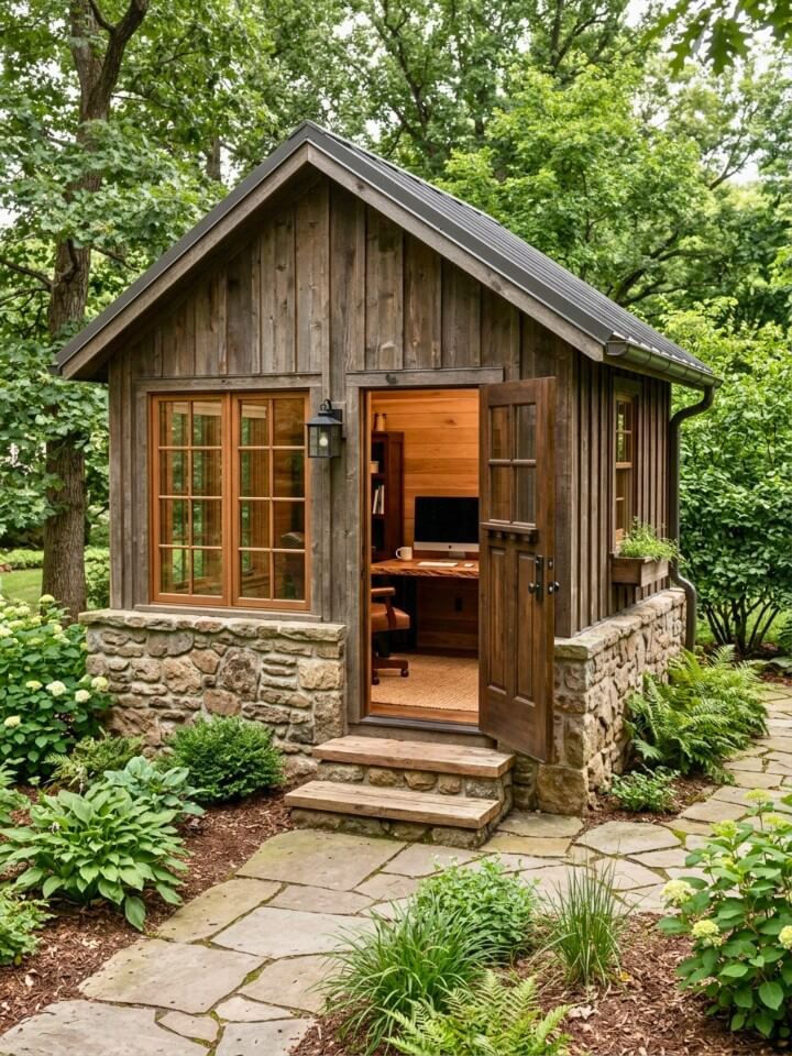 rustic stone base backyard work setup