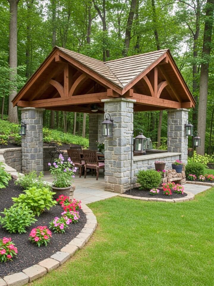 rustic stone garden pavilion with shingled roof