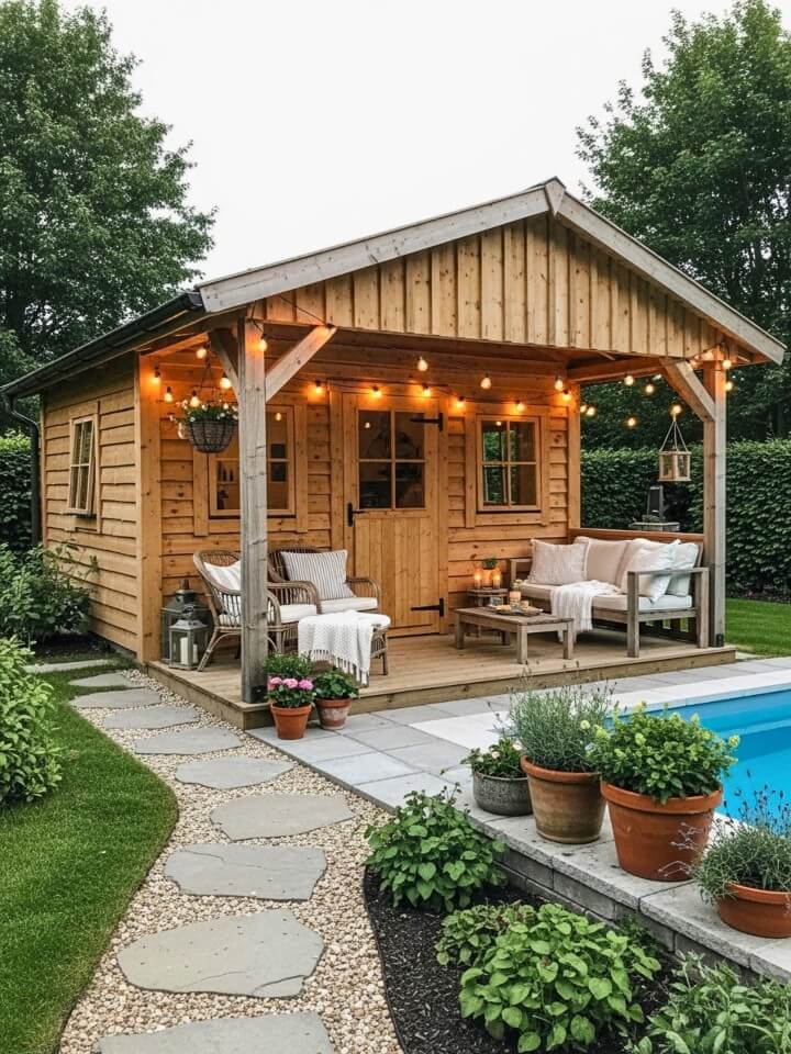 rustic timber cabana with a covered porch