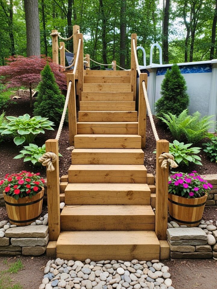 rustic timber steps with rope railings