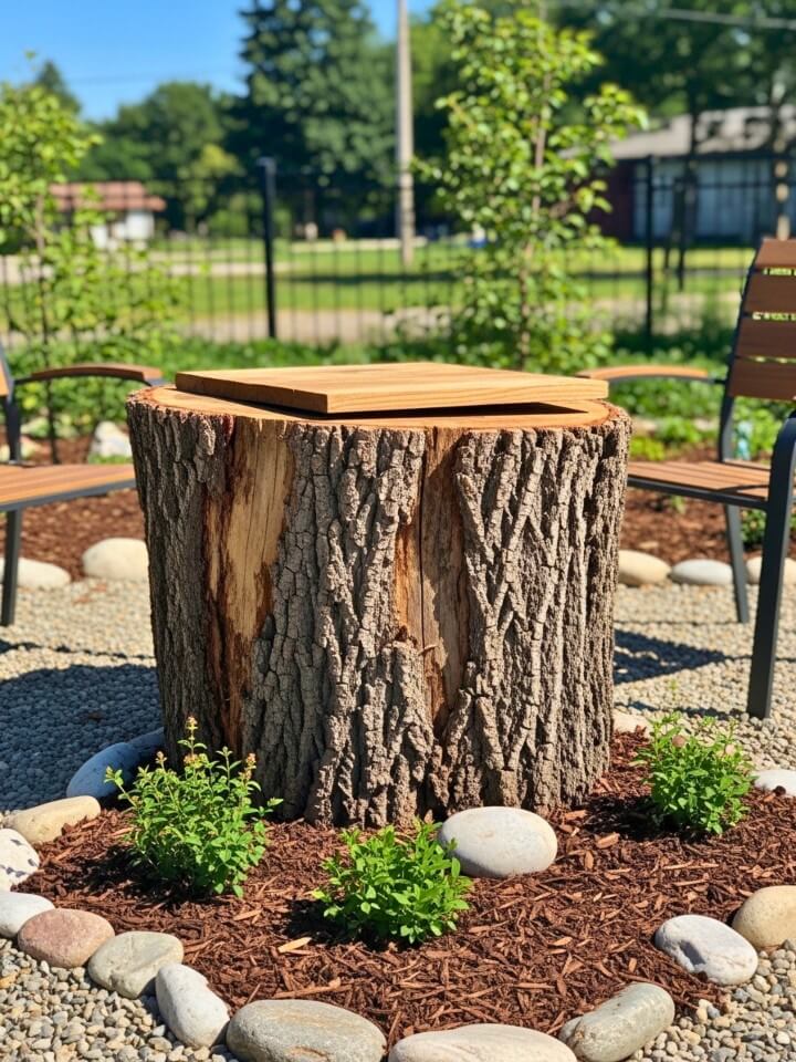 rustic tree stump outdoor table
