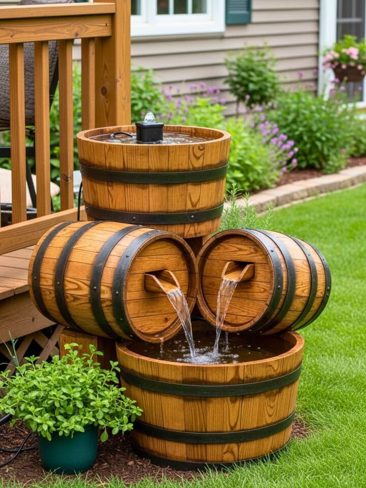 rustic wooden barrel fountain