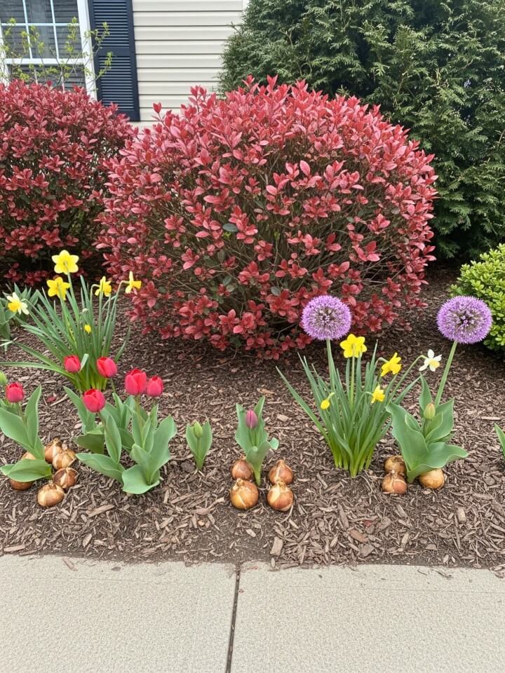 seasonal bulbs with loropetalum shrubs