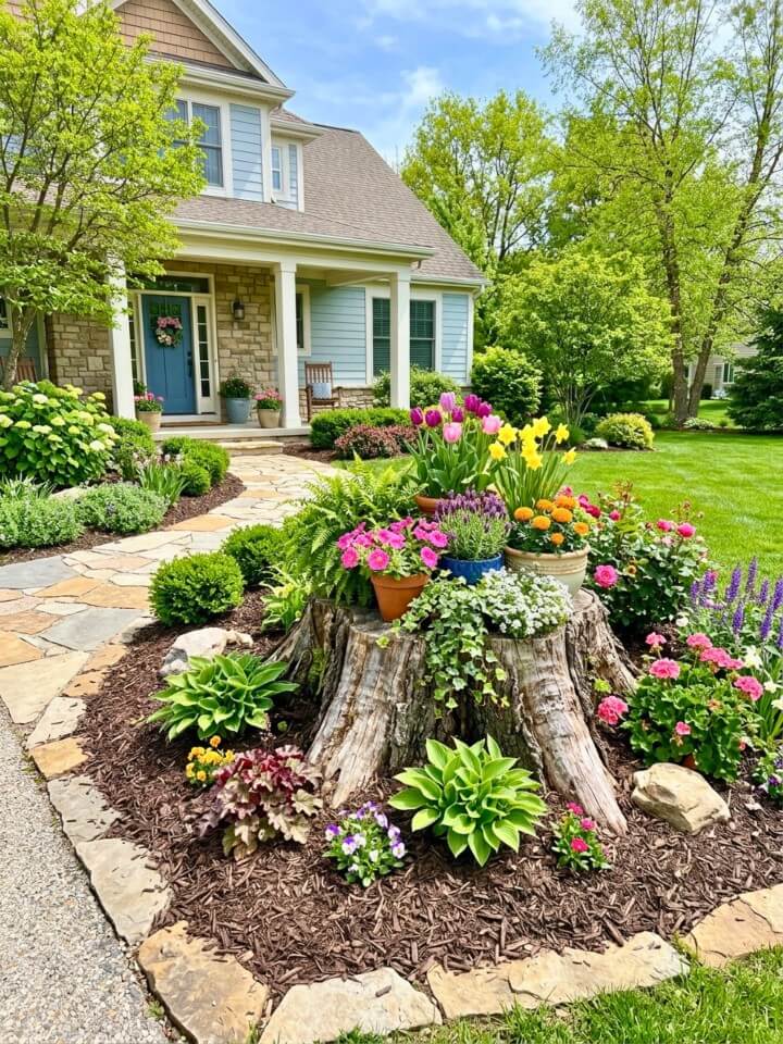 seasonal color front yard tree stump decoration