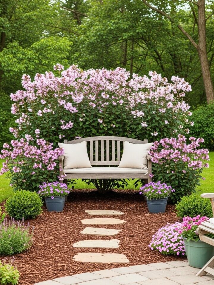 seating area landscaping with colorful shrubs