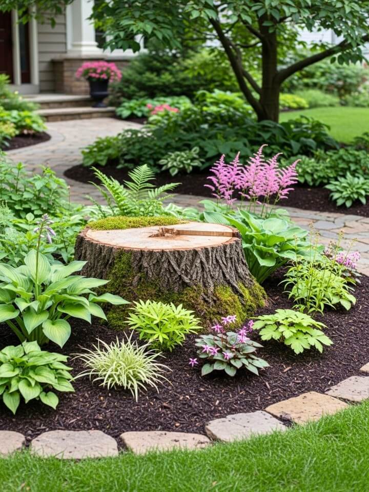 shade garden tree stump feature for shaded front yard