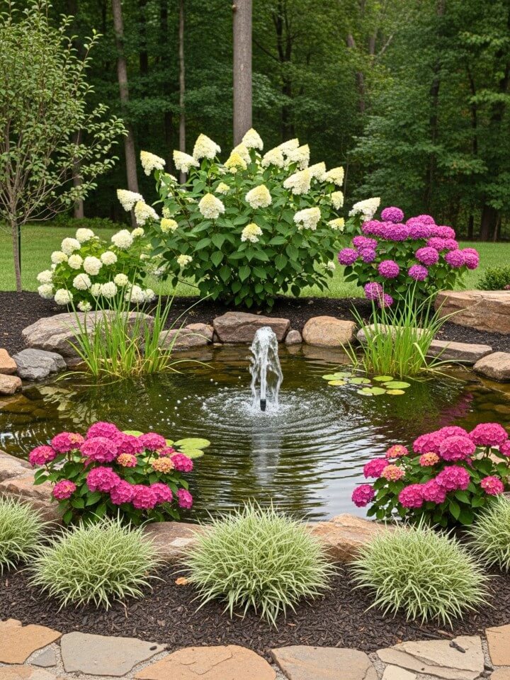 showcase water features with hydrangea blooms
