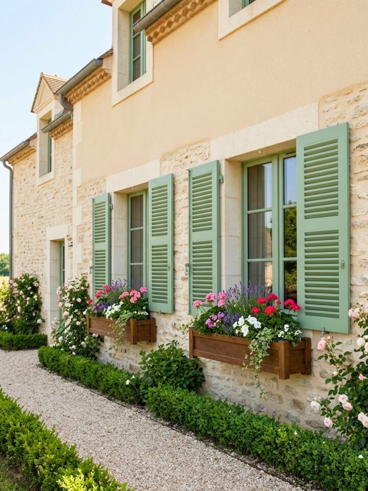 shuttered windows with flower boxes