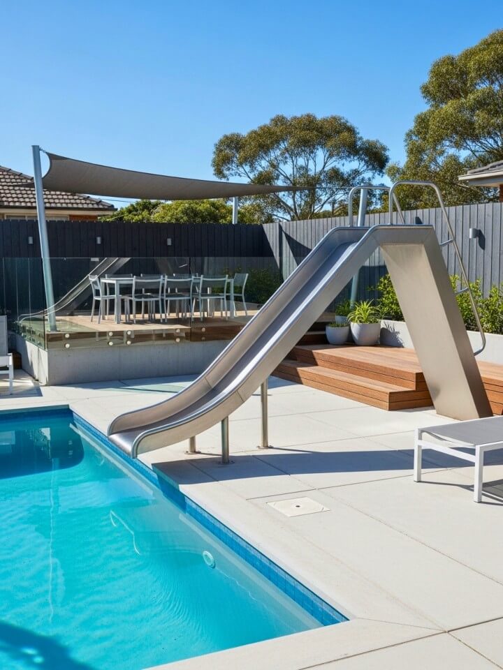 sleek metal slide for a contemporary pool