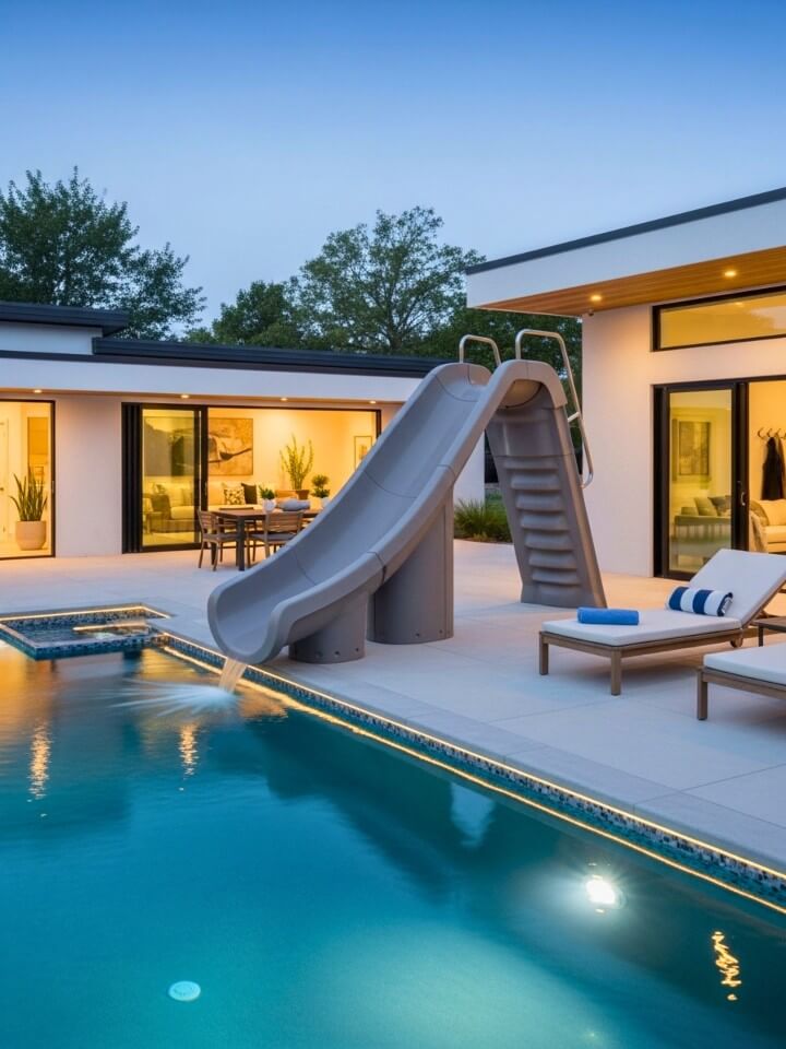 sleek straight slide for a modern pool patio