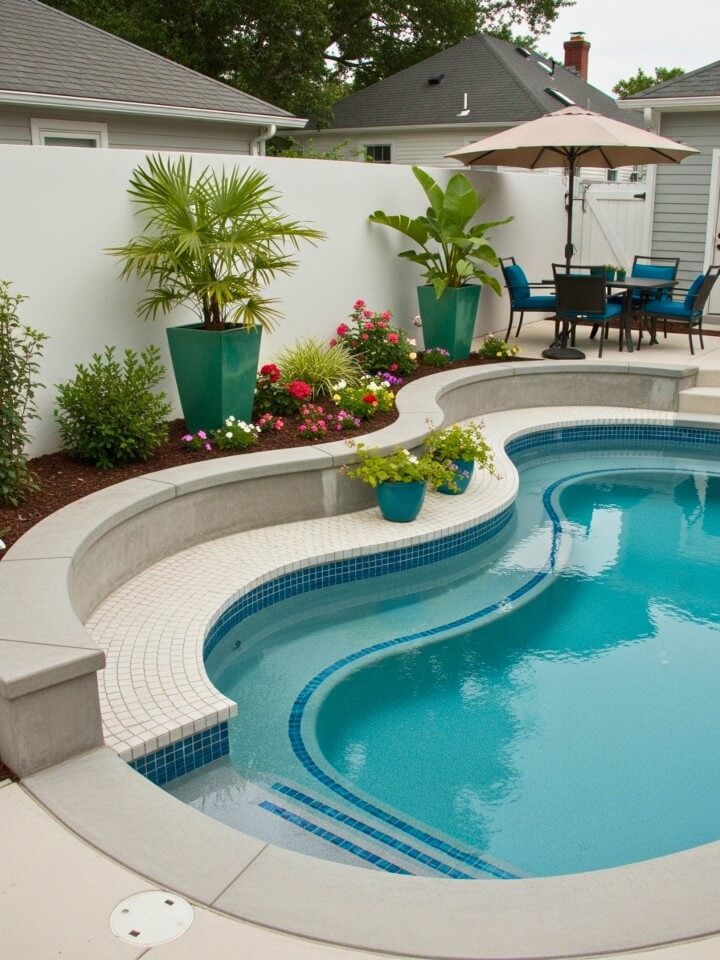 small backyard kidney shaped pool with built in seating