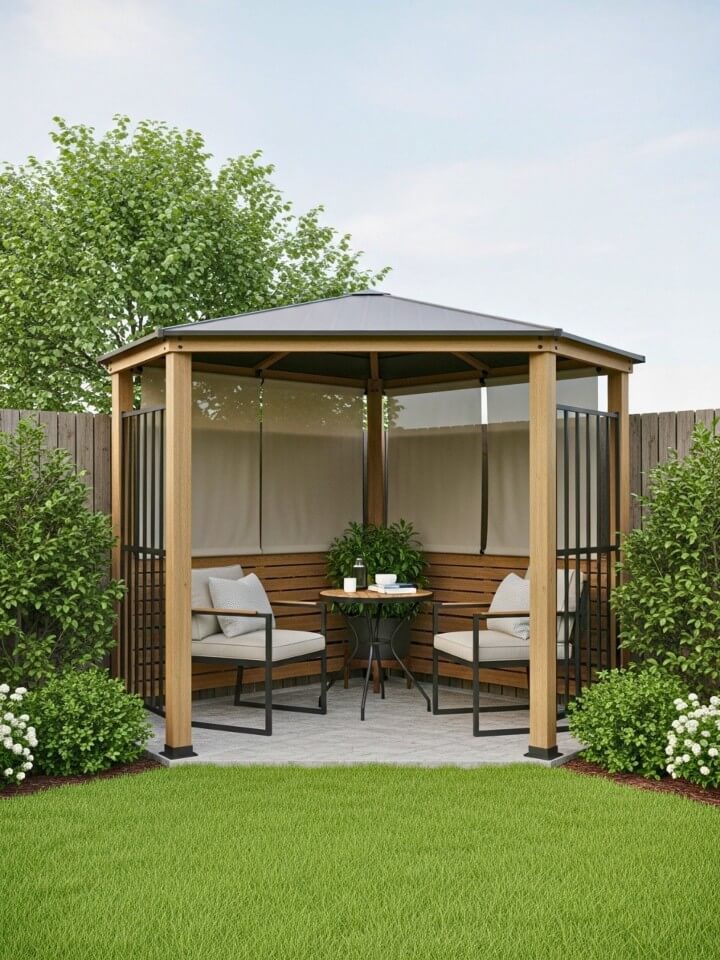 small corner pavilion for compact backyard