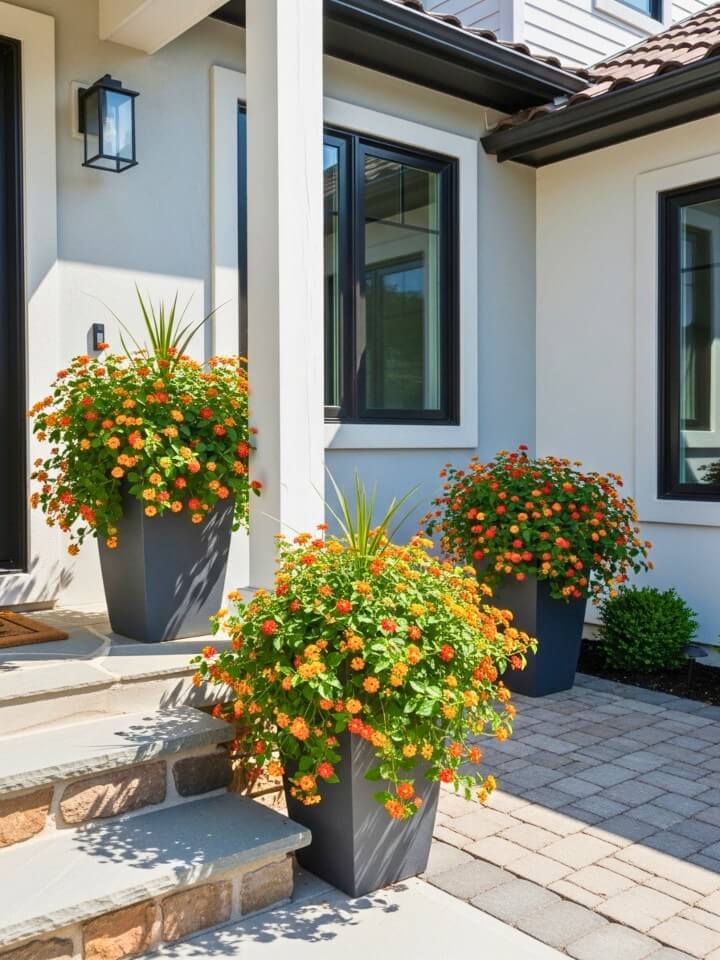 small front yard containers with easy care flowers