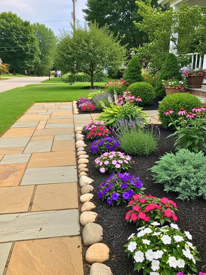 small garden beds to guide the walk