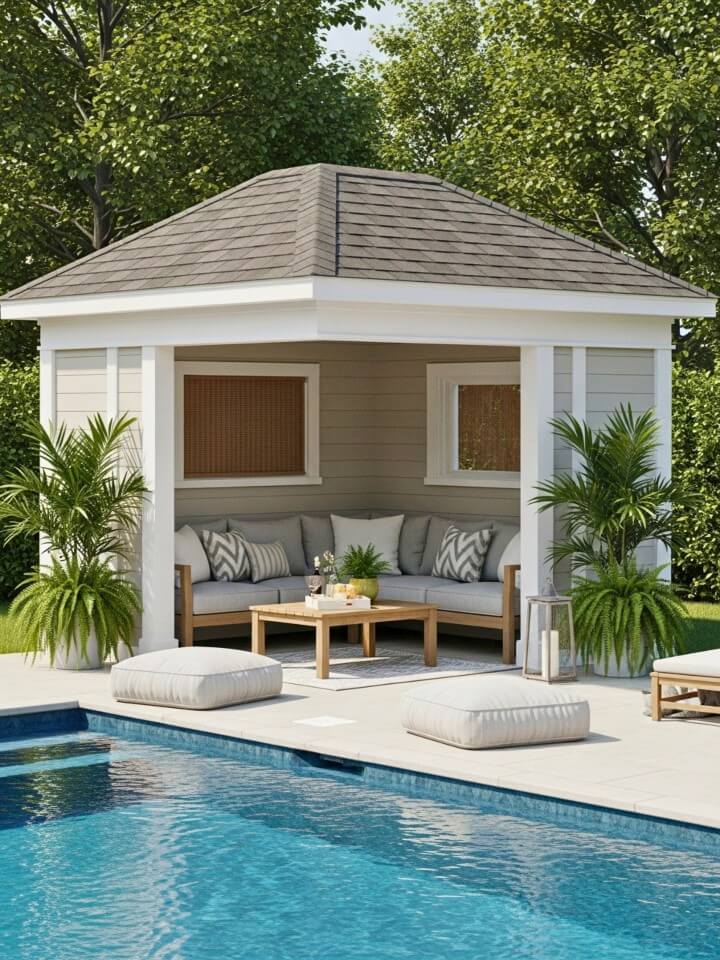 small pool house with a covered lounge