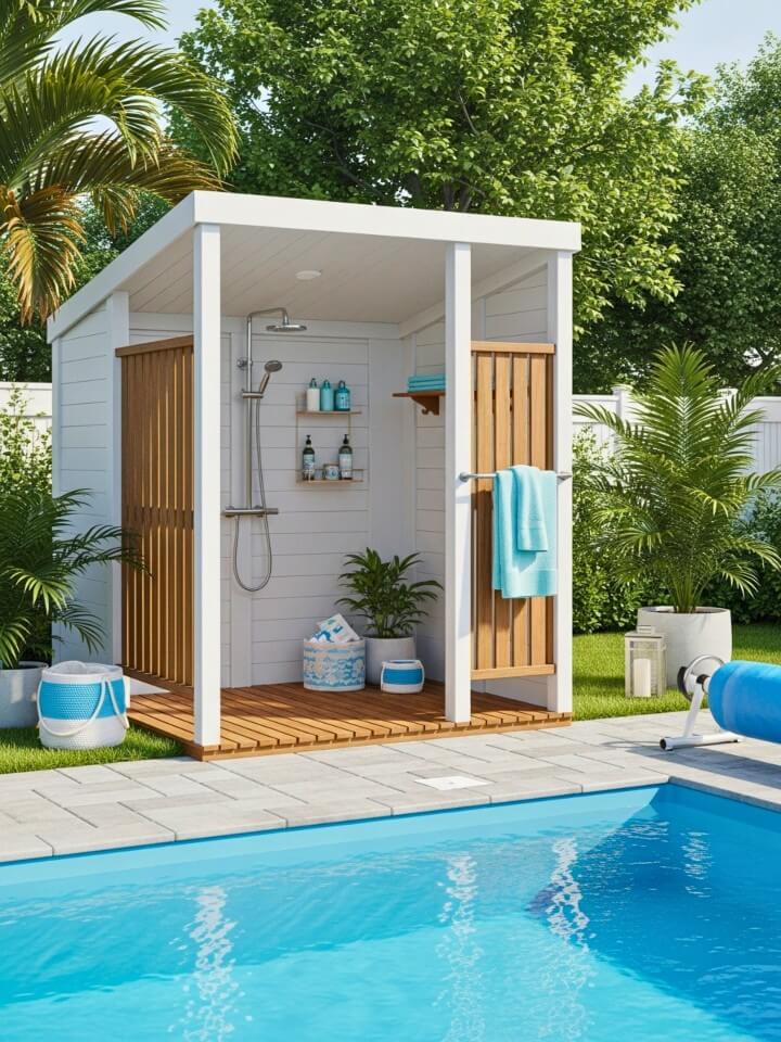 small pool house with an outdoor shower
