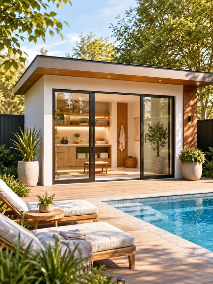 small pool house with sliding glass door