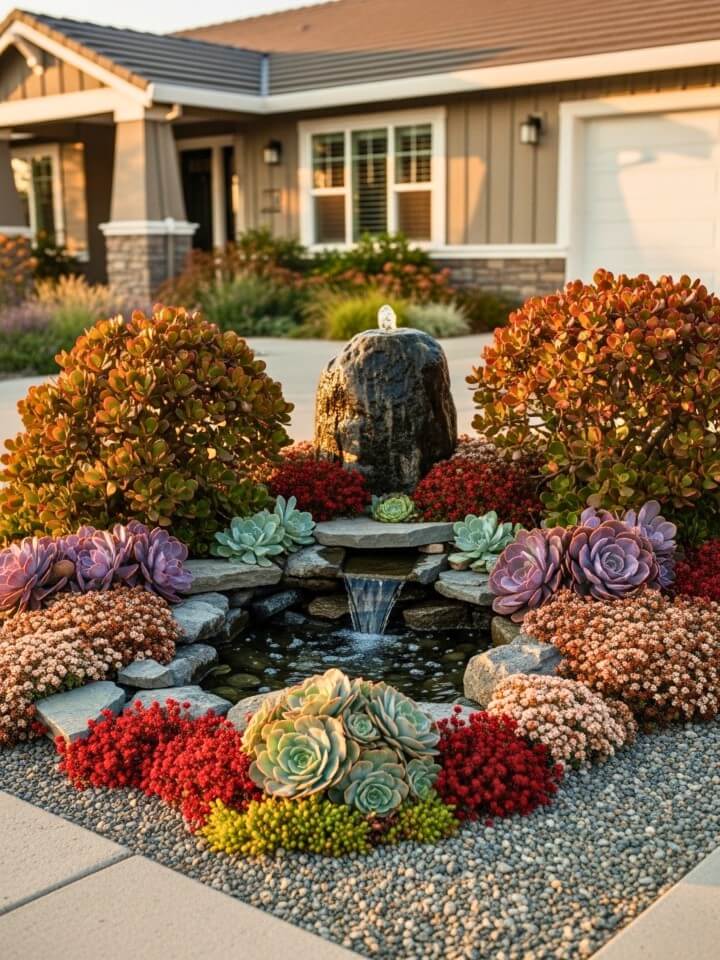 small water feature framed by hardy succulent plants