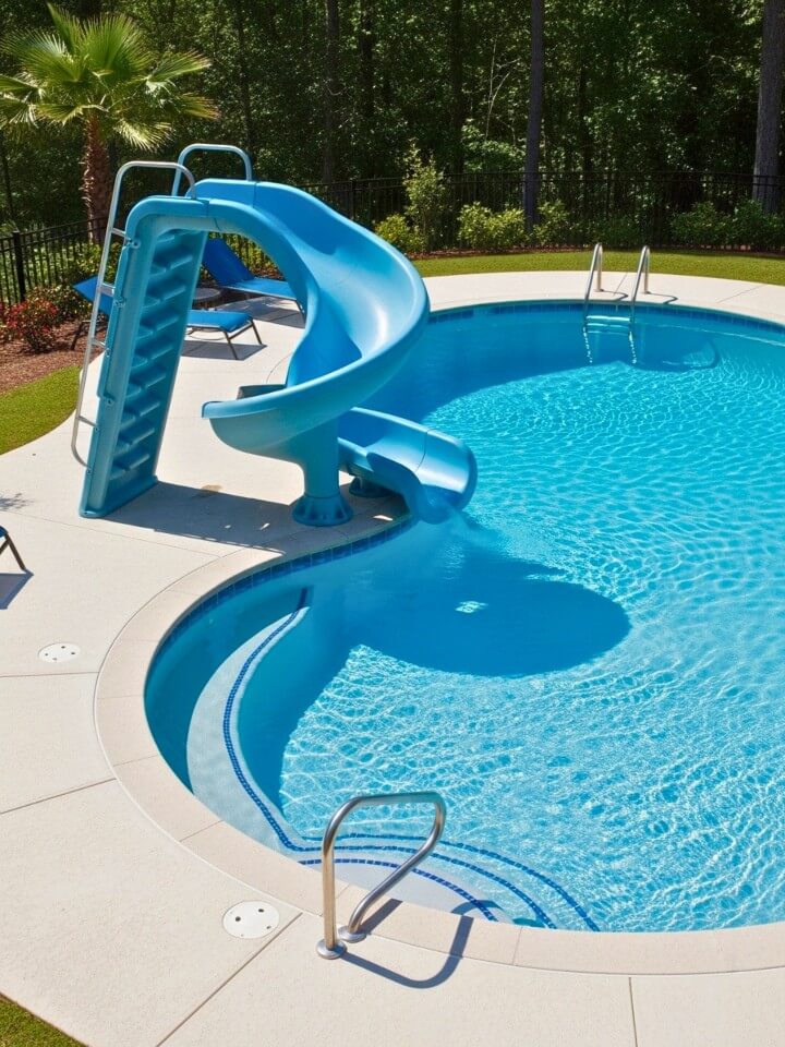 spiral slide over a kidney shaped pool