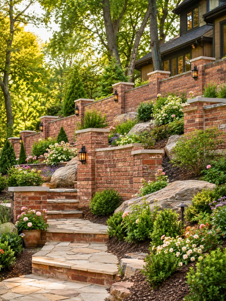 split level brick fence for sloped yard