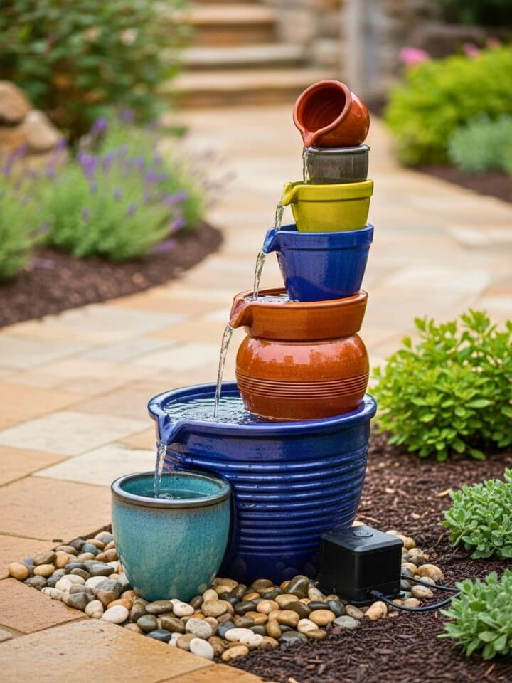 stacked ceramic pot fountain