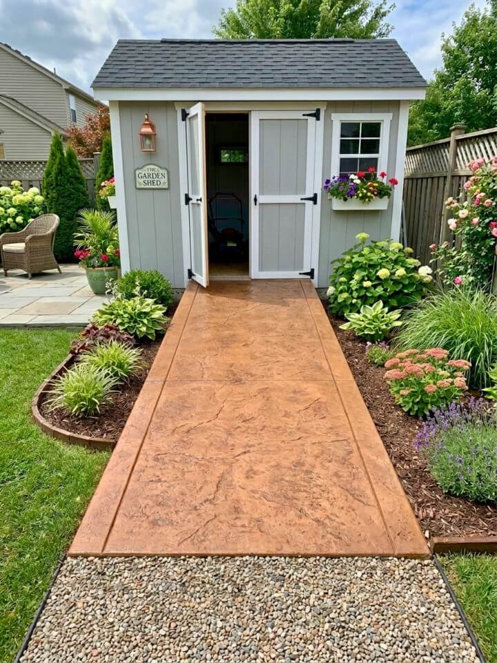stamped concrete garden shed ramp