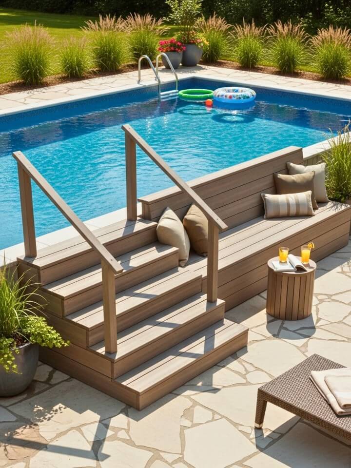 step bench combo for pool lounging and easy entry