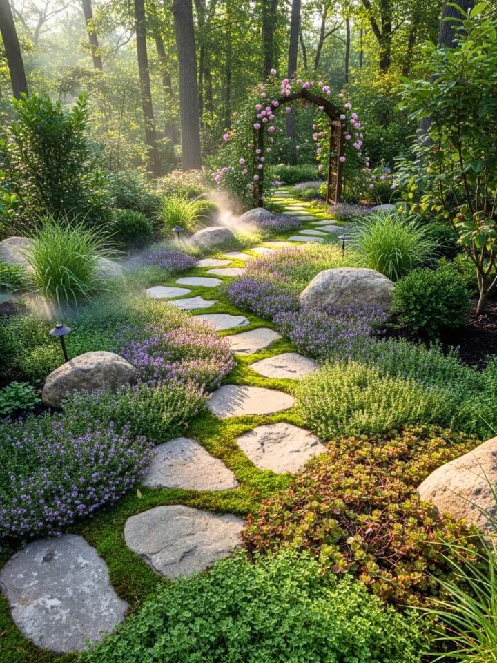 stepping stone path through ground cover plants