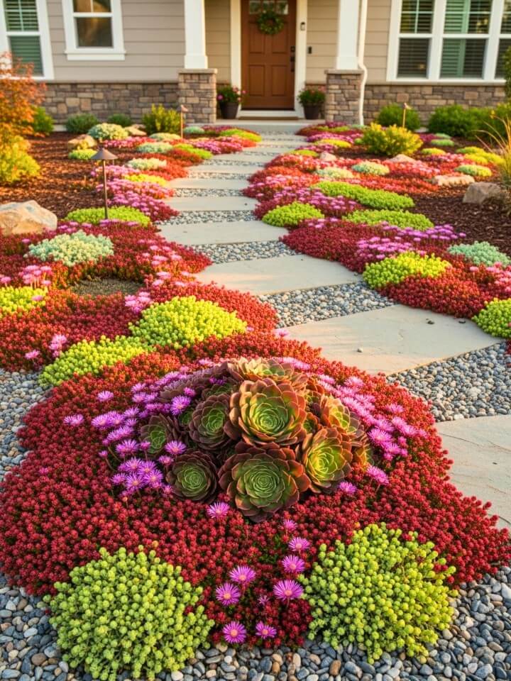 stepping stones through a front yard low maintenance succulent garden