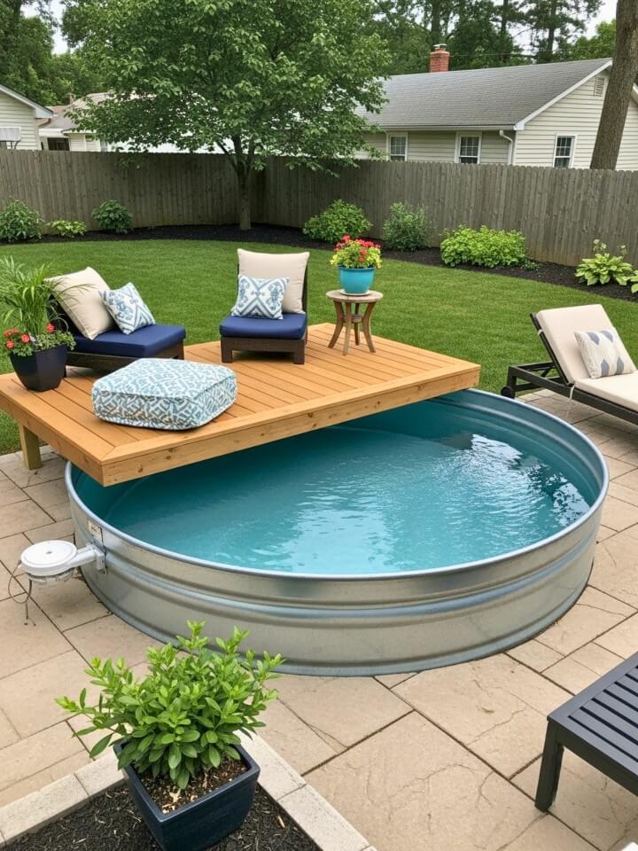 stock tank pool with a floating deck