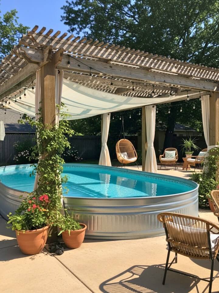 stock tank pool with a pergola shade cover