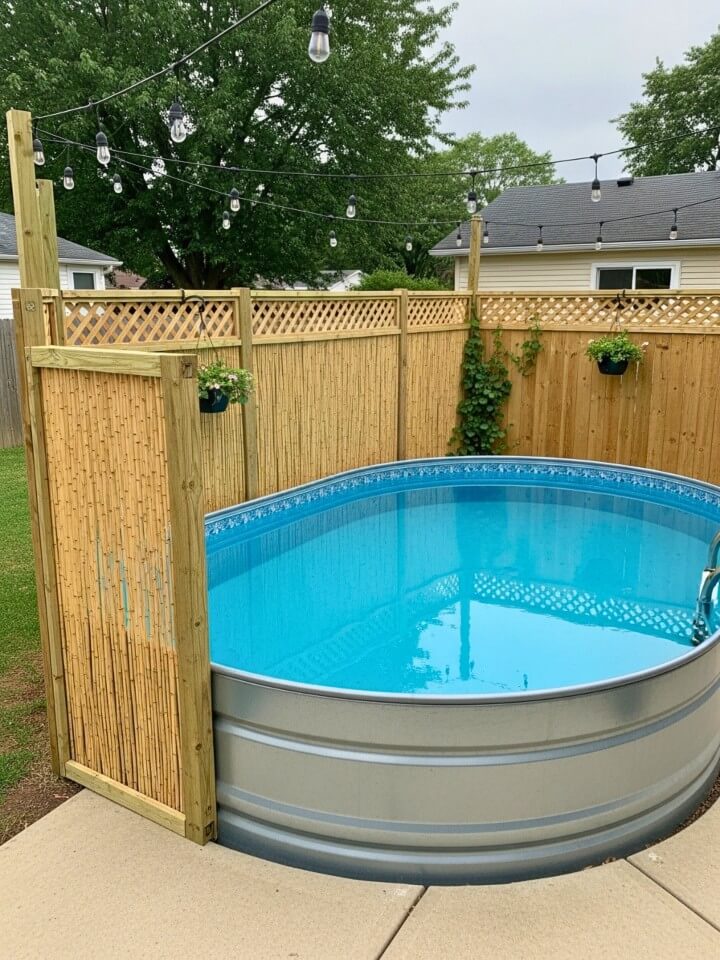 stock tank pool with a privacy fence
