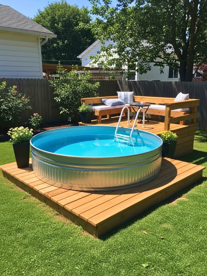stock tank pool with a simple wood deck