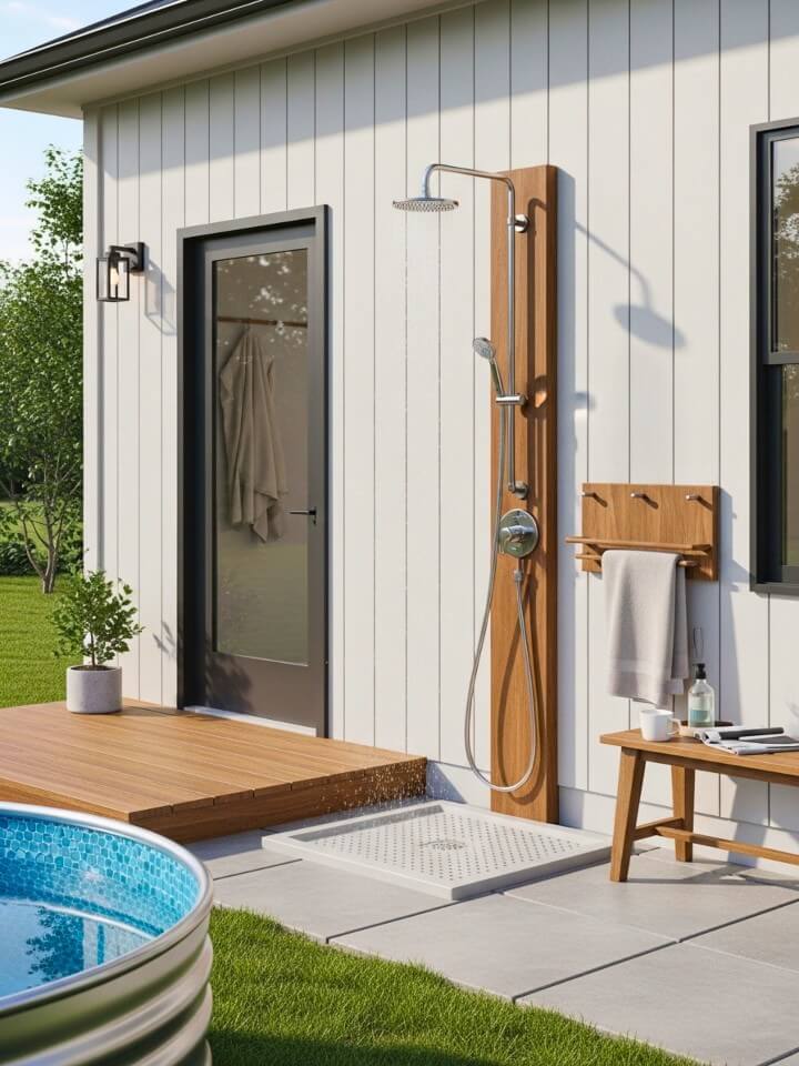stock tank pool with an outdoor shower
