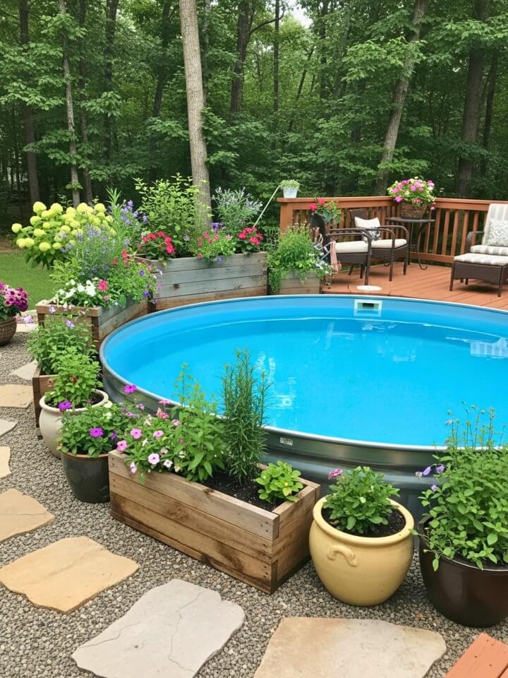 stock tank pool with planter surround
