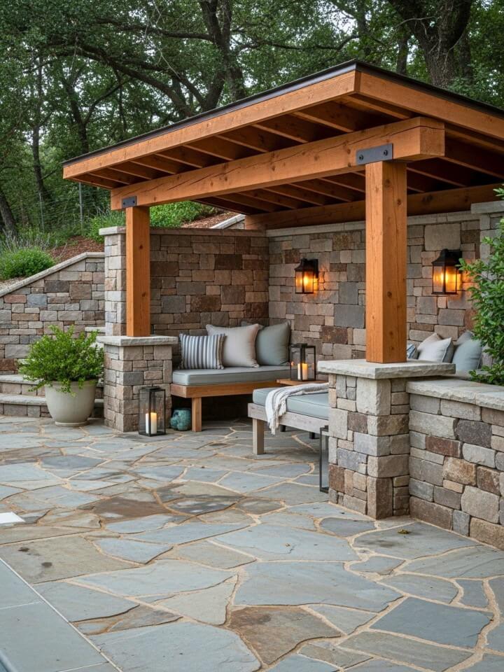 stone accent backyard pool cabana