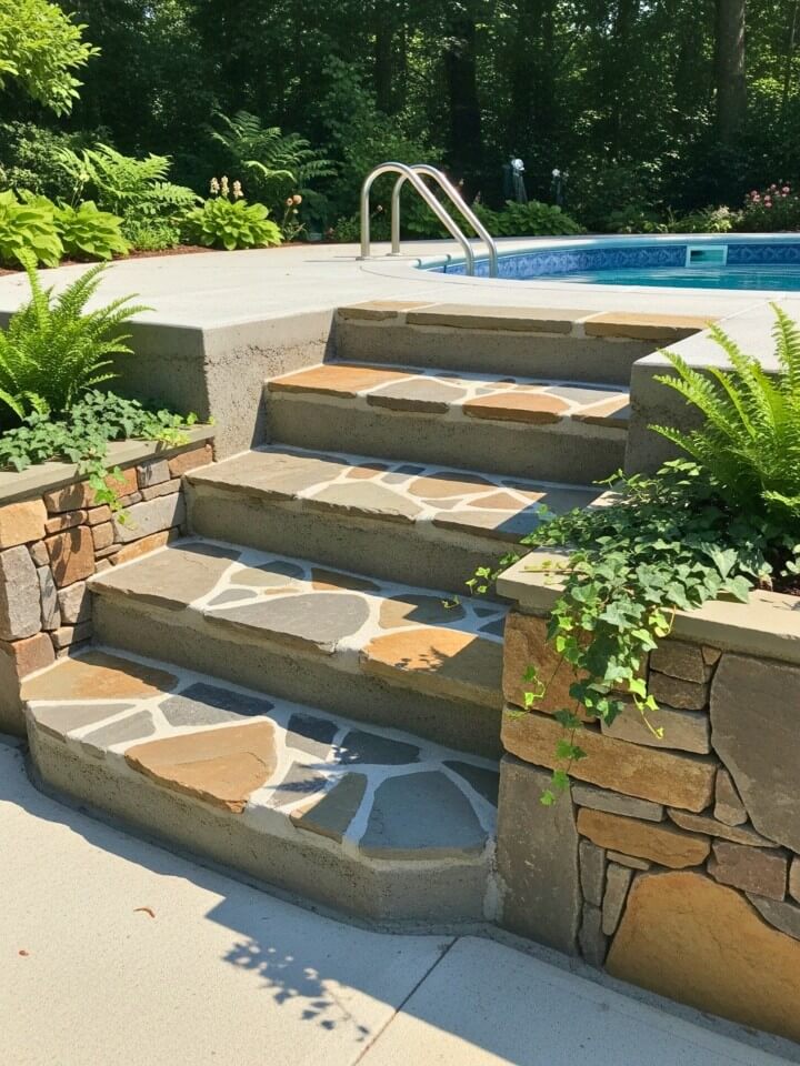 stone and concrete pool steps for a natural backyard look