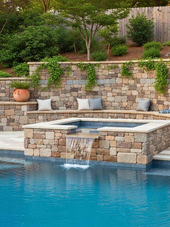 stone and mortar wall for pool area