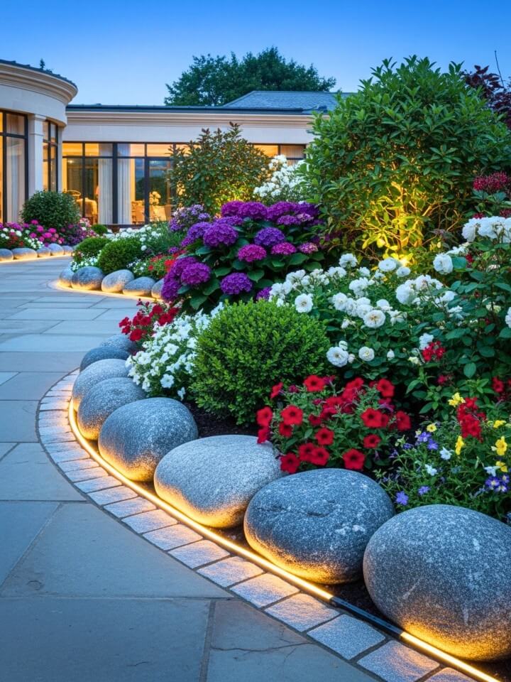 stone edged garden beds for clean landscape borders