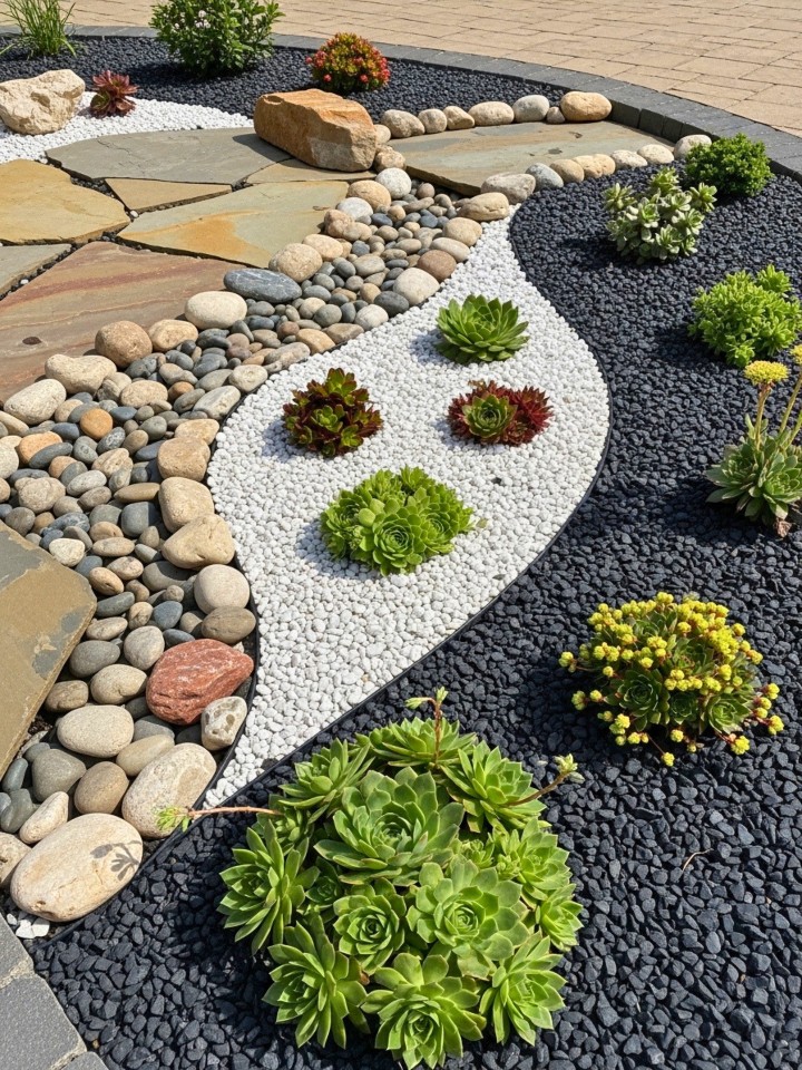 stone edging using contrasting gravel colors