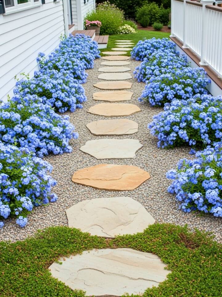 stone pathway borders with blue plumbago