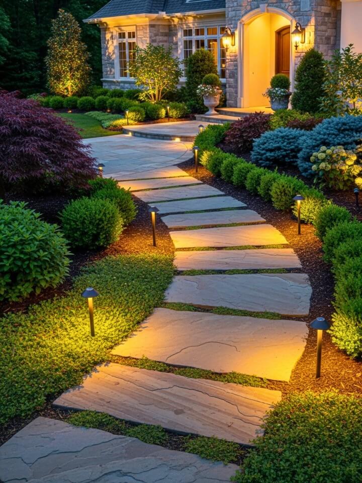 stone pathway lighting for front yard curb appeal