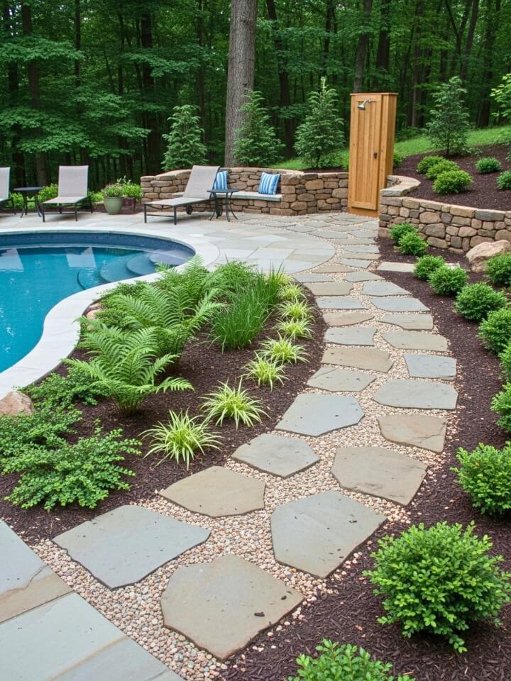 stone pathways around a natural pool area