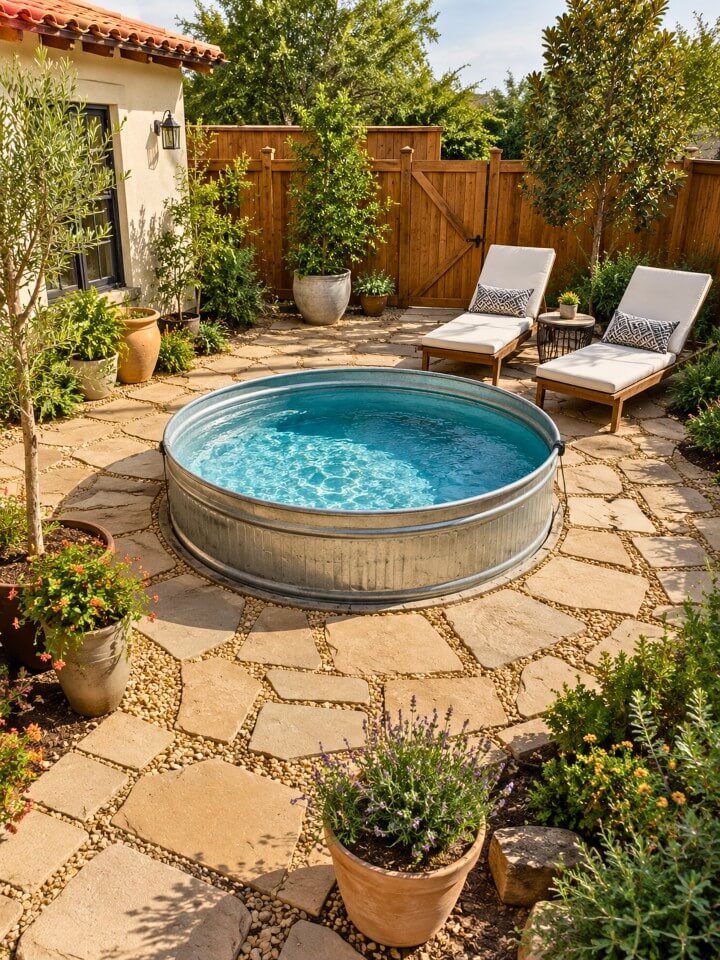 stone paver patio around a small stock tank pool