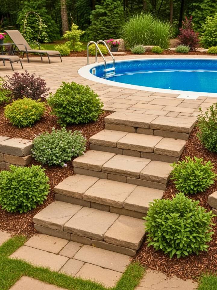 stone paver steps with lush poolside landscaping