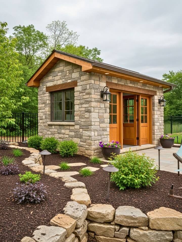 stone pool cabana with a natural look